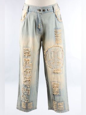 In 🔜 Paper Lace Distressed Light Wash Denim Wide-Leg Pants with Peace Motif L
